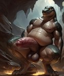 anthro balls belly big_balls big_belly big_penis cave crouching digitigrade genitals glowing glowing_eyes horny huge_balls huge_penis looking_at_viewer male nipples overweight paws penis scales slightly_chubby solo solo_focus undercoverdog alligator alligatorid crocodilian reptile scalie absurd_res hi_res