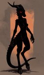 anthro black_body breasts claws demon featureless_breasts featureless_crotch female hi_res hooves horn hybrid lizard long_tail looking_at_viewer medium_breasts oldhroft raised_leg red_eyes reptile scalie seductive solo spiked_tail spikes spikes_(anatomy)