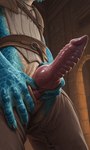 animal_genitalia animal_penis anthro blue_body blue_scales bottomwear claws clothing crotch_shot genital_slit genitals knot knot_root leather leather_clothing male medieval_clothing nude pants penis penis_shot ribbed_penis scales slit solo spread_slit tunic vein veiny_penis warizard argonian scalie absurd_res hi_res