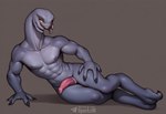 2_toes 4_fingers abs animal_genitalia anthro biped claws erection feet fingers genital_slit genitals grey_body looking_at_viewer lying male muscular muscular_anthro muscular_male nipples nude obliques on_side pecs penis simple_background slit solo teeth text toes yellow_eyes sergalbutt halo_(series) alien sangheili signature url
