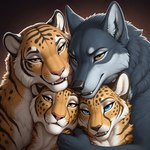 ambiguous_gender arm_around_neck blue_eyes cuddling fangs female feral fur grey_body grey_fur group looking_at_viewer male male/female seductive smile spots stripes yellow_eyes mavrek canid canine canis cheetah felid feline mammal pantherine tiger wolf absurd_res hi_res