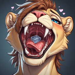 anthro bedroom_eyes black_lips blue_eyes bodily_fluids female fur hair heart_symbol ice ice_cube lips looking_at_viewer mouth_shot narrowed_eyes open_mouth pink_nose saliva seductive sharp_teeth tan_body tan_fur teasing teeth maw_master felid feline lion mammal pantherine