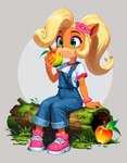 accessory anthro blonde_hair clothing eating female flower flower_in_hair food footwear fruit hair hair_accessory log long_hair overalls plant ponytail shoes simple_background sitting solo wood anonymous_director crash_bandicoot_(series) coco_bandicoot mammal marsupial hi_res