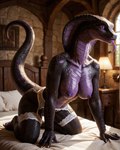 anthro bed black_body black_scales female furniture garter_belt garter_straps genitals long_tongue nipples on_bed pupils purple_body purple_eyes purple_nipples purple_pussy purple_scales pussy scales sitting sitting_on_bed slit_pupils snake_hood solo tongue humanoid reptile scalie snake hi_res