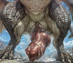 399secondplaces animal_genitalia big_penis bodily_fluids bulky cum dragon faceless_character faceless_male feral genital_fluids genital_slit genitals hi_res huge_penis knot leaking_cum low-angle_view male messy penis scalie slit solo