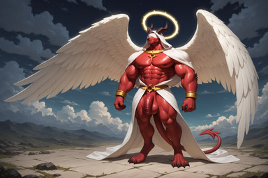 4_toes abs anthro areola balls barazoku big_balls big_penis biped black_claws black_nose black_toe_claws blindfold blindfolded bracelet chin_spikes claws clothing cloud digitigrade facial_spikes feathered_wings feathers feet field flaccid genitals glans glistening glistening_balls glistening_genitalia glistening_penis gold_(metal) gold_bracelet gold_jewelry gold_necklace grass halo hood horn huge_balls humanoid_genitalia humanoid_penis jewelry male muscular muscular_anthro muscular_humanoid muscular_male navel necklace nipples outside pecs penis plant red_balls red_body red_glans red_penis robe sky solo spikes spikes_(anatomy) standing star starry_sky stone_floor tail toe_claws toes vein veiny_penis white_clothing white_robe wings dfy6c angel demon humanoid 3:2 hi_res