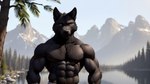 abs absurd_res anthro areola black_body black_fur bumblebee95 canid canine canis chest_tuft clothed clothing detailed detailed_background detailed_fur fur hi_res looking_at_viewer male mammal muscular nipples pecs realistic solo topless tuft vein wallpaper wolf