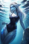 anthro blue_body breasts clothing female hair looking_at_viewer markings non-mammal_breasts scales shark_tail solo white_dots wide_hips carpet_shark fish marine shark whale_shark