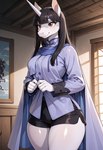 anthro black_bottomwear black_clothing black_hair black_shorts blue_cape blue_clothing blue_dress bottomwear brown_eyes clothing dress female hair horn inside looking_at_viewer shorts smile solo unicorn_horn massbrainimpact kudo_rinne_(massbrainimpact) equid equine mammal unicorn hi_res