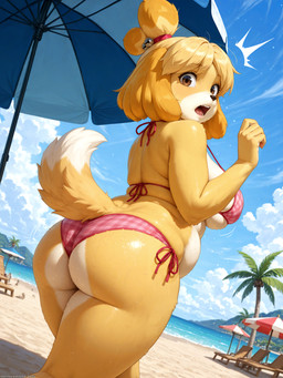 anthro belly big_breasts big_butt bikini blush breast_squish breasts brown_eyes butt chair clothed clothing cloud curvaceous curvy_figure day female fingers floppy_ears fur furniture hair hips lips looking_at_viewer looking_down looking_down_at_viewer low-angle_view mountains outside palm_tree pattern_clothing plaid plaid_clothing plant rear_view sagging_breasts sand sea shocked side_boob slightly_chubby solo squish standing surprise swimwear tail thick_thighs tree tuft umbrella voluptuous water wide_hips yellow_body sherlock_hound_(director) animal_crossing nintendo isabelle_(animal_crossing) canid canine canis domestic_dog mammal shih_tzu toy_dog absurd_res detailed hi_res shaded soft_shading