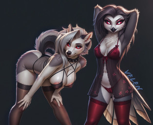 anthro beak biped black_hair black_nose breasts clothed clothing collar duo erect_nipples feathers female female/female fluffy fluffy_tail fur gesture grey_body grey_feathers hair hands_behind_head inner_ear_fluff legwear looking_at_viewer nails nipples non-mammal_breasts non-mammal_nipples pink_nipples raised_tail red_sclera simple_background skimpy spiked_collar spikes spread_legs spreading stockings suggestive suggestive_gesture tail_feathers tuft white_body white_eyes white_feathers white_fur white_hair velen helluva_boss loona_(helluva_boss) octavia_(helluva_boss) canid canid_demon demon hellhound mammal owl_demon 2025 director_name hi_res