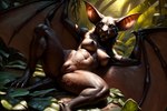 anthro bat_ears bat_wings breasts brown_body brown_fur chiropteran fangs female fur genitals ground hi_res jungle laying leaf liquidscales looking_at_viewer lying mammal membrane_(anatomy) membranous_wings nipples nude on_back on_side peach_pussy plump_labia presenting pussy pussy_focus raised_arms seductive smile solo wings