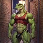 abs alley anthro biceps bikini bulge clothing grin male muscular muscular_anthro muscular_male muscular_thighs navel night nipple_outline pecs peeking_penis shirt smile solo swimwear tank_top topwear cowfurmania lizard reptile scalie