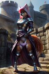 anthro armor clothed clothing clothing_lift dark_eyes dress dress_lift female fluffy genitals looking_at_viewer panties panties_down partially_clothed presenting pussy shawl solo underwear underwear_down furtasticv20_(model) rodinsinker maid_marian canid canine fox mammal hi_res