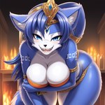 absurd_res anthro blue_body blue_fur blush breasts canid canine cleavage clothed clothing female fox fur hi_res jackofgods krystal leaning leaning_forward mammal seductive skimpy smile smiling_at_viewer solo