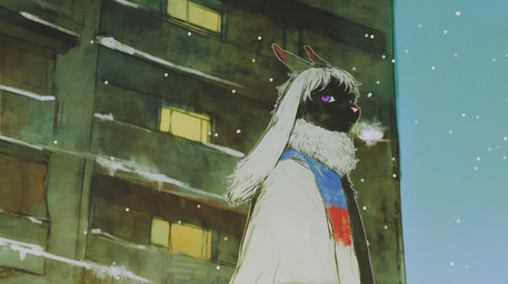 anthro black_body black_fur breath_cloud building cloak clothing fur hair horn long_ears male neck_tuft purple_eyes scarf snow snowing solo standing tuft white_hair youssefalsuccjeeda demon hybrid lagomorph leporid mammal rabbit hi_res wallpaper