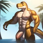 anthro balls bumblebee95 dinosaur genitals hi_res looking_away male muscular partially_submerged penis reptile scalie solo standing theropod tyrannosaurid tyrannosaurus tyrannosaurus_rex