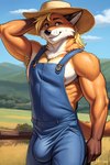 absurd_res anthro armpit_hair ascar big_bulge blonde_hair blue_eyes bodily_fluids body_hair bulge canid canine clothing farm fox hair hat headgear headwear hi_res male mammal muscular muscular_anthro muscular_male neck_tuft nipples outdoors pecs smile solo solo_focus straw_hat suspenders sweat tuft