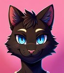 anthro black_body black_fur blue_eyes fur looking_at_viewer male pink_background pink_ears simple_background smile solo domestic_cat felid feline felis mammal