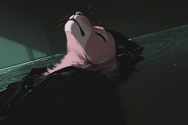 anthro beanie clothed clothing dim_lighting eyes_closed floating fur hat headgear headwear inside male mouth_closed partially_submerged pink_body pink_fur solo water wet whiskers kbi felid humanoid mammal pantherine