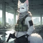 anthro canid canine detailed_background fennec fox fur gun lucifluffy male mammal purple_eyes ranged_weapon solo techwear weapon white_body white_fur wilek