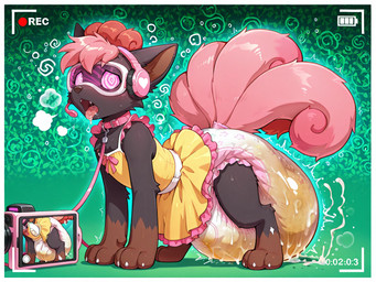 black_body black_fur bodily_fluids clothed clothing crossdressing cum cum_in_diaper diaper feces feral fur genital_fluids hyper_messing hypnosis male messy_diaper mind_control pink_body pink_fur scat soiling solo silencien nintendo pokemon silencien_(silencien) generation_1_pokemon pokemon_(species) vulpix