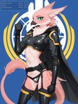 anthro armor belt blue_sclera bone breasts cloak clothing eyelashes female fist front_view legwear long_tail navel panties pink_body skull small_breasts solo spots stockings straps text tuft underwear myrlonel helldivers marusya_(director_myrlonel) velari absurd_res hi_res