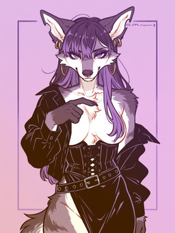 anthro bangs bedroom_eyes belt bottomwear clothed clothing convenient_censorship corset ear_piercing ear_ring facial_piercing female fur goth grey_body grey_fur hair hair_covering_breasts jacket lingerie long_hair narrowed_eyes nose_piercing nose_ring notched_ear off_shoulder piercing purple_eyes purple_hair ring_piercing seductive skirt solo topless topless_female topwear tuft not_a_real_wolf canid canine canis mammal wolf hi_res portrait three-quarter_portrait