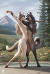 ai_tagging_(redrocket) anthro black_body black_fur black_hair blonde_hair breasts casual_nudity claws cloudy dancing day detailed_background digitigrade duo eyes_closed featureless_breasts featureless_crotch feet female female/female flower forest fur fur_markings grass grey_body grey_fur hair inner_ear_fluff lake long_hair markings mountain mountains navel nude open_mouth outside plant semi-anthro sky smile solo standing summer tail tasteful_nudity teeth toes tongue tree tuft water white_body white_fur director_crashbandit canid canine canis felid mammal attempted_signature digital_media_(artwork) hi_res novelai