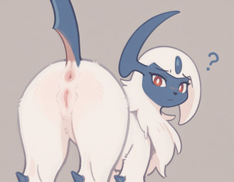 anus butt butt_focus female feral fur genitals looking_at_viewer looking_back looking_back_at_viewer presenting presenting_hindquarters pussy simple_background solo white_body white_fur anonymous_director nintendo pokemon absol generation_3_pokemon pokemon_(species) hi_res