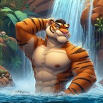 abs anthro felid male mammal muscular nipples pantherine plant rock shirtless solo tiger water waterfall zidanes123