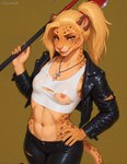 accidental_exposure anthro axe blonde_hair bottomwear breasts claws clothed clothing crop_top curvy_figure eyelashes fangs female female_focus fur green_eyes hair half-closed_eyes hand_on_hip holding_object holding_weapon jacket jewelry leather leather_clothing leather_jacket leather_topwear lips looking_at_viewer markings melee_weapon multicolored_body multicolored_fur narrowed_eyes necklace nipples pants partially_clothed ponytail presenting seductive shirt small_breasts smile solo spots stable_diffusion standing tan_body tan_fur teeth topwear torn_bottomwear torn_clothing torn_pants translucent translucent_clothing tuft two_tone_body two_tone_fur voluptuous wardrobe_malfunction weapon wide_hips yellow_body yellow_fur guznoai felid feline humanoid mammal pantherine digital_media_(artwork) hi_res