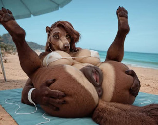 4_fingers anthro anus bangs beach big_tail bikini bikini_top blurred_background bodily_fluids brown_body brown_eyes brown_fur brown_hair busty butt butt_grab claws clothing female fingers fur genital_fluids genitals hair hair_over_eye hand_on_butt headphones legs_over_head legs_up long_snout looking_at_viewer lying multicolored_body multicolored_fur on_back one_eye_obstructed pawpads plump_labia presenting presenting_pussy pussy pussy_juice realistic sand sea seaside snout solo spread_legs spread_pussy spreading swept_bangs swimwear tan_body tan_fur thick_thighs towel two_tone_body two_tone_fur umbrella water nnam_si3 anteater mammal pilosan xenarthran animated short_playtime webm