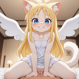 alternate_species anthro arm_support bed bedroom big_eyes blonde_hair blue_eyes blush bodily_fluids chest_tuft clothed clothing cowgirl_position cum cum_in_pussy cum_inside dress duo ear_tuft female female_on_top first_person_view flat_chested from_front_position fur furniture furrification genital_fluids genitals hair halo hands_on_belly human_on_anthro human_penetrating interspecies long_hair looking_at_viewer looking_down looking_down_at_viewer male male/female male_on_anthro male_pov off_shoulder on_bottom on_top penetration pink_nose pussy sex sharp_teeth slim smile sweat teeth tuft vaginal vaginal_penetration whiskers white_body white_fur wings sagrael crimvael_(interspecies_reviewers) domestic_cat felid feline felis human mammal 1:1 hi_res
