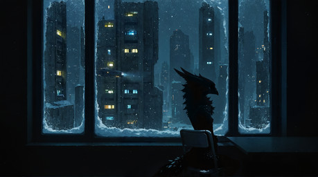 amazing_background anthro beak black_body black_fur bodily_fluids breasts chair city cityscape concrete detailed_background female fluffy fur furniture futuristic inside lights neck_tuft night nude nude_female rear_view silhouette sitting skyscraper slim small_breasts snow solo spots spotted_body spotted_fur table tears tuft winter oldhroft shadow_(oldhroft) avian velari dark_theme hi_res wallpaper