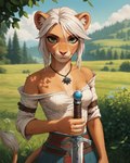 alternate_species anthro close-up clothed clothing female fur furrification green_eyes hair holding_object holding_weapon jewelry looking_at_viewer meadow melee_weapon necklace off_shoulder orange_body orange_fur pinup pose shirt short_hair solo sword tail_tuft topwear tuft weapon white_hair sagrael ciri felid lion mammal pantherine absurd_res hi_res