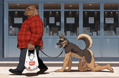 all_fours anthro athletic balls bdsm blindfold bottomwear breath closed_smile clothed clothed/nude clothing duo flaccid footwear foreskin genitals holding_leash holding_object hook_mouth_spreader humanoid_genitalia humanoid_penis leash leashed_collar male male/male mall nude overweight panting pants penis petplay plastic_bag roleplay shirt shoes side_view tongue tongue_out topwear unretracted_foreskin walking as_aifurry canid canine canis domestic_dog german_shepherd herding_dog mammal pastoral_dog ursid hi_res