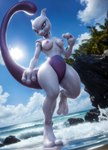 2_toes 3_fingers anthro backlighting beach breasts cloud feet female fingers generation_1_pokemon grey_body grey_skin hi_res humanoid legendary_pokemon light lighting long_tail low-angle_view mewtwo nipples pokemon_(species) purple_body purple_eyes purple_skin rock running sea seaside seductive smile solo stablexai sun sunlight toes walking water water_drops wet wet_body