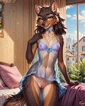 anthro body_fur bottomless breasts clothed clothing collar female fluffy_fur genitals looking_at_viewer nightgown nipples pussy smile solo standing translucent translucent_clothing denis0k canid canine canis mammal wolf attempted_signature hi_res