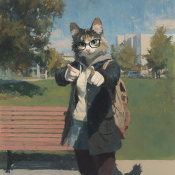 5_fingers anthro backpack bench bottomwear building clothing detailed_background eyewear female fingers fur gesture glasses grass green_eyes hoodie inner_ear_fluff jacket leggings legwear looking_at_viewer pink_nose plant pointing pointing_at_viewer skirt solo standing tail topwear tree tuft whiskers sappy_(director) domestic_cat felid feline felis mammal hi_res oil_painting_(artwork) painting_(artwork) traditional_media_(artwork)