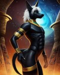 anthro anubian_jackal armor black_body black_eyes black_fur black_nipples black_nose blue_eyes bracers butt butt_grab canid canine canis clothing detailed detailed_background egyptian egyptian_clothing fur hair hand_on_butt hi_res hieroglyphics humanoid_hands jackal jewelry long_ears long_hair looking_at_viewer male mammal navel night night_sky nipples outside pillar portrait prick_ears sand short_hair sky snout solo star three-quarter_portrait white_hair