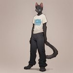 anthro black_body black_fur bottomwear clothed clothing fur looking_at_viewer male pants shirt solo standing t-shirt topwear nonimousmate tom_the_cat domestic_cat felid feline felis mammal