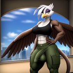 abs anthro avian balls beak black_clothing black_shirt black_topwear bottomwear breasts city city_background clothed clothing cloud countershade_torso countershading dakka erection erection_under_clothing eyeshadow feathered_wings feathers friendship_is_magic fur genitals gilda_(mlp) green_bottomwear green_clothing gryphon gynomorph hair_over_one_eye hand_on_hip hand_on_leg hand_on_thigh hasbro intersex looking_at_viewer makeup muscular muscular_intersex my_little_pony mythological_avian penis purple_eyeshadow shirt skyline smile solo spread_wings tank_top topwear white_body white_countershading wings yellow_beak yellow_eyes