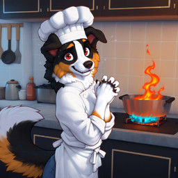 5_fingers ambiguous_gender anthro appliance apron biped black_body black_fur black_nose blue_bottomwear blue_clothing blue_pants bodily_fluids bottomwear brown_body brown_fur chef chef_hat chef_uniform clothed clothing container cooking cooking_pot cookware denim denim_bottomwear denim_clothing detailed_background embarrassed female fingers fire floppy_ears frying_pan fully_clothed fur hands_together hat headgear headwear inside jeans kitchen kitchen_appliance kitchen_utensils looking_at_viewer neck_tuft orange_body orange_fur oven pants red_eyes shy smile smiling_at_viewer solo standing stove sweat sweatdrop sweaty_body sweaty_face tail teeth tools topwear tuft water white_body white_clothing white_fur white_hat white_headwear wholesome_content anotheranon canid canine canis domestic_dog mammal molosser mountain_dog swiss_mountain_dog absurd_res hi_res story story_in_description