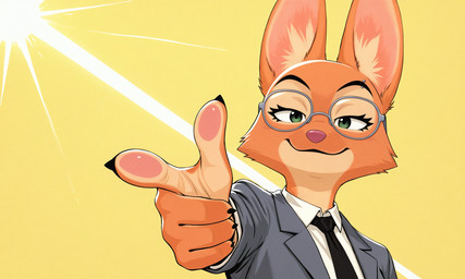 5_fingers business_suit claws clothed clothing confident ears_up eyebrow_piercing eyebrows eyelashes eyewear facial_piercing female finger_claws fingers fur gesture glasses green_eyes inner_ear_fluff looking_at_viewer necktie orange_body orange_fur pawpads piercing pink_nose pink_pawpads pointing pointing_at_viewer simple_background smile smug solo suit topwear tuft yellow_background hank94_(director) the_bad_guys diane_foxington canid canine fox mammal hi_res