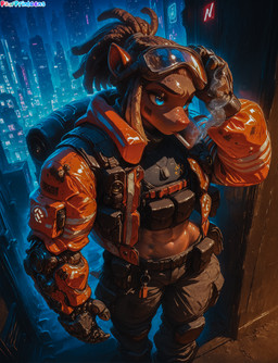 abs anthro backpack barcode belt blonde_highlights blue_eyes bottomwear brown_hair cargo_pants cigarette cigarette_in_mouth city city_background clothed clothing cyberpunk cyberpunk_clothes dirty_clothing dog_tags dreadlocks eyewear eyewear_on_head female flashlight flat_chested fully_clothed furrowed_brow goggles goggles_on_head hair hand_on_head headphones high_ponytail highlights_(coloring) knee_pads looking_away mechanical_arms midriff neon_lights pants ponytail short_tail smoking solo tactical_gear tail thinking_pose utility_belt pawprintgens dakota_(pawprintgens) armadillo mammal xenarthran absurd_res director_name hi_res