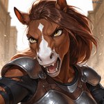 angry anthro armor close-up clothing fangs female fur hair long_hair solo teeth torn_clothing ivorymane equid equine horse mammal watermark