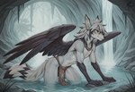 anthro bottomwear cave choker clothing feathered_wings feathers fluffy fluffy_ears fluffy_tail fur jewelry light loincloth loincloth_only lupine male multicolored_body neck_tuft necklace solo solo_focus spread_wings tuft two_tone_body water waterfall white_body white_fur wings aithayi canid canine fox hybrid mammal 2025 2:3 colorful detailed digital_media_(artwork) hi_res lighting shaded signature soft_shading story watermark widescreen