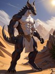 2023 anthro blue_body blue_eyes blue_scales bottomwear clothed clothing colored desert dragon hi_res horn indigowing loincloth male muscular muscular_anthro muscular_male nipples sand scales scalie solo standing topless western_dragon