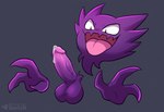 3_fingers balls bodily_fluids disembodied_hand disembodied_penis dripping fingers floating_hands genital_fluids genitals looking_at_genitalia looking_at_own_penis looking_at_penis looking_at_self male open_mouth penis precum precum_drip precum_on_penis purple_body simple_background solo tongue sergalbutt nintendo pokemon generation_1_pokemon ghost haunter pokemon_(species) spirit